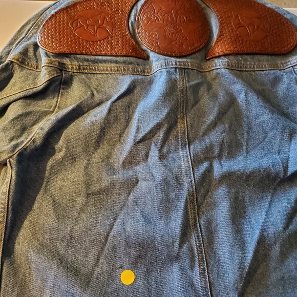 VTG SUNBELT Western Denim Duster Coat Women's M/L Tooled Leather Button Pockets - Picture 14 of 14